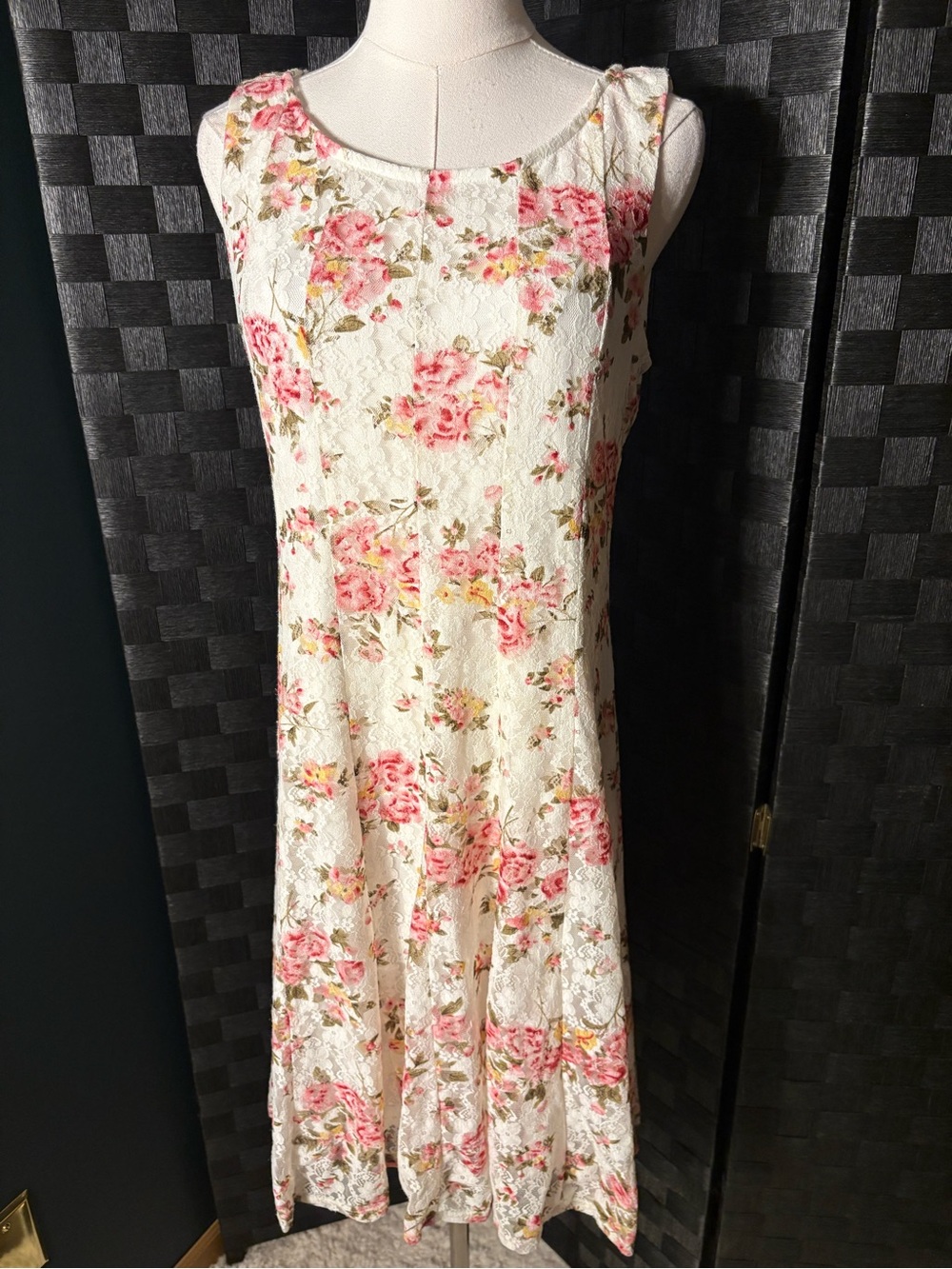 Vintage Perceptions Cottagecore Floral Print Lace Overlay Sleeveless Midi Dress